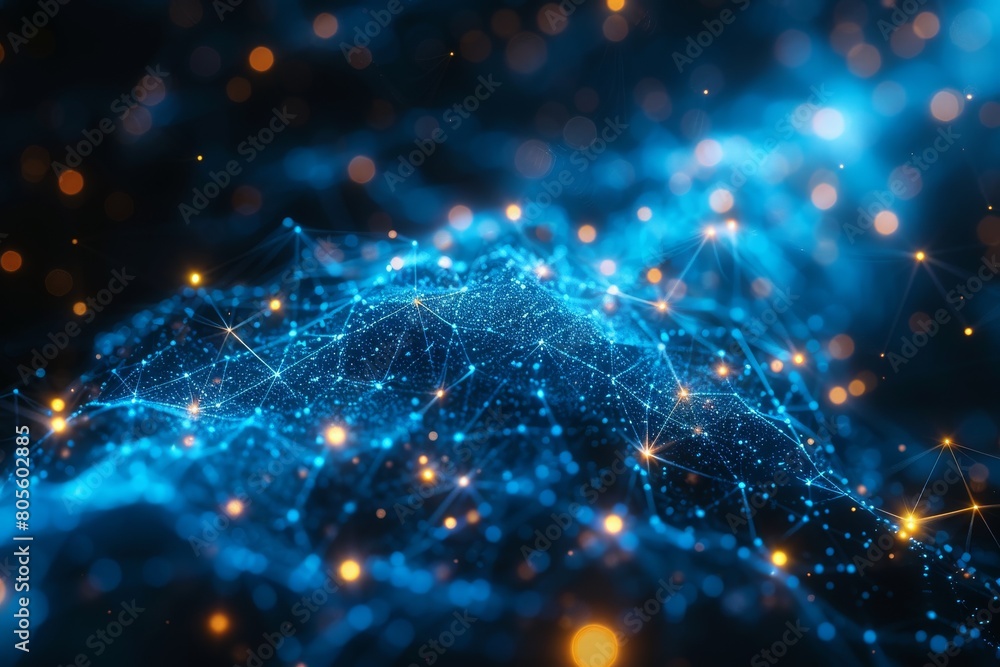 Poster dazzling network of connecting points and lines on a dark blue background representing data, connect