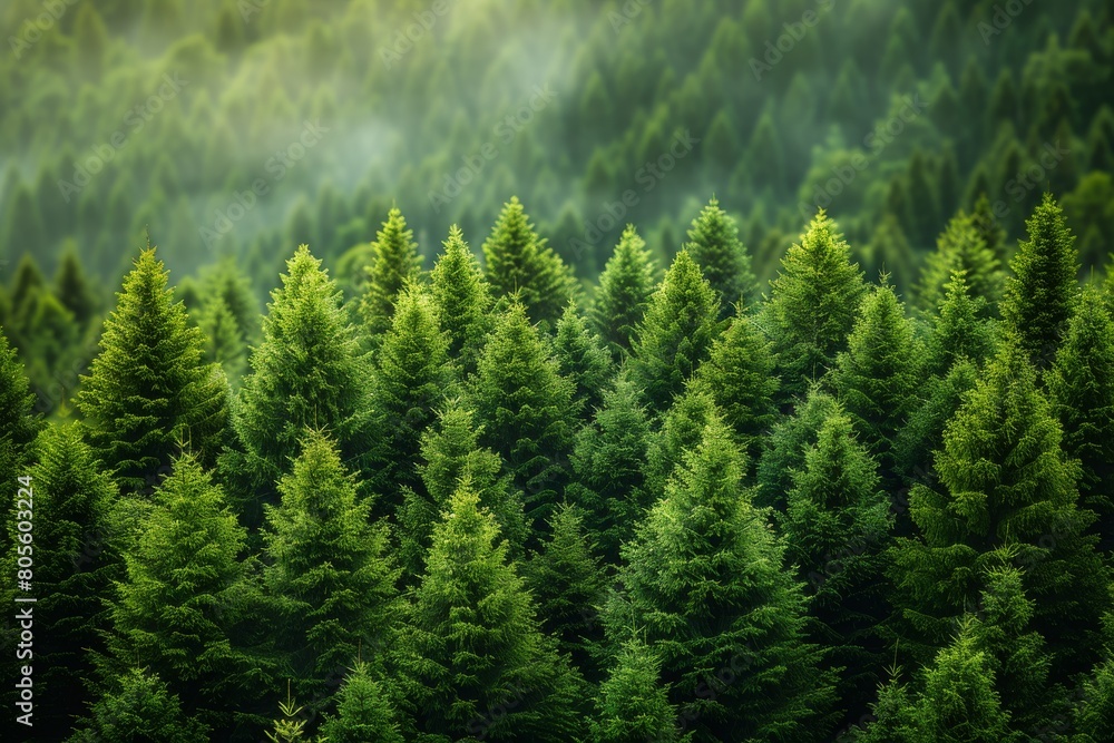 Poster a dense forest of evergreen trees with a layer of mist adding a mysterious ambiance