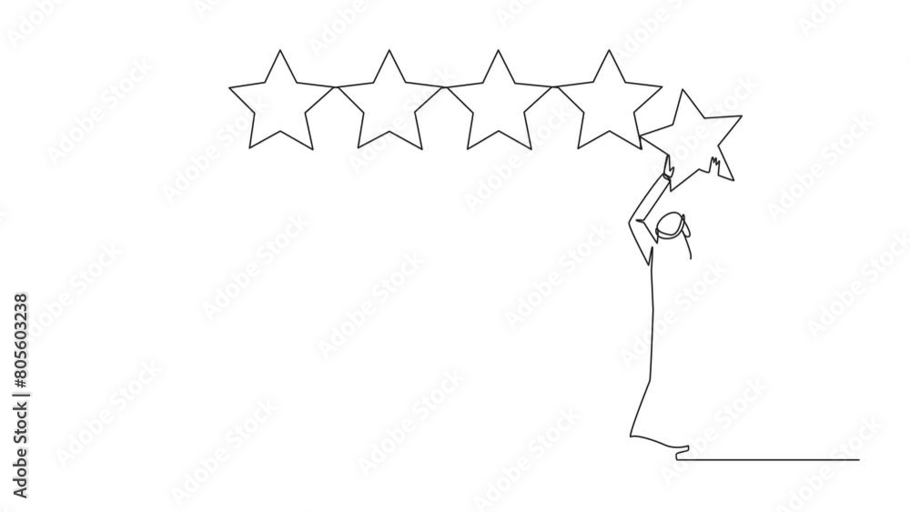 Poster animated self drawing of single continuous line drawing arabian man holding up a star with both hand
