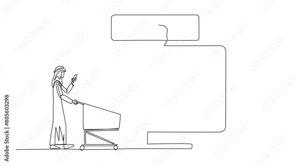 Poster animation of one line drawing of single continuous line drawing happy arabian man walking carry a tr