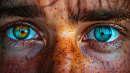 a close-up painting of a man with heterochromia, illustrating the theme of color perception in a unique way