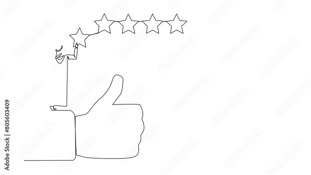 Poster animated self drawing of single continuous line drawing young happy arabian man standing on the thum