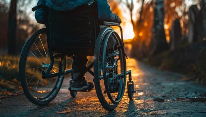 Person in a wheelchair facing away from the camera, outside at sunset.