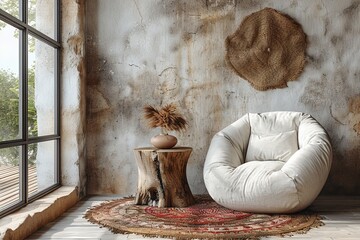 Stylishly decorated room corner with a comfortable white chair, rustic accent pieces, and a natural light