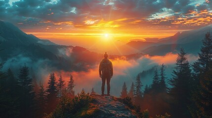 Man Standing on Top of a Mountain at Sunset