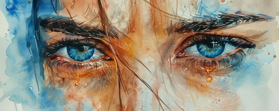 Capture a heart-wrenching moment at eye-level angle, tears glistening, showcasing raw anguish in exquisite detail with watercolor strokes that evoke deep emotion