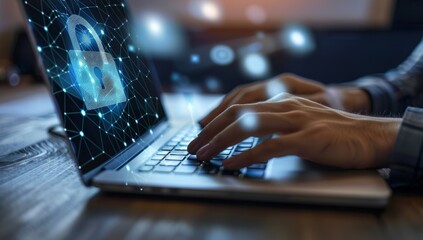 Person is typing on a laptop with a digital padlock symbol on the screen, against an office desk background, representing the concept of data security and cyber network protection.