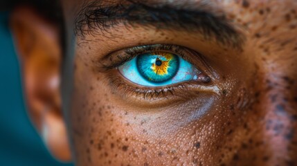 a close-up of a man with heterochromia highlighting the theme of color blindness through his eyes of different colors