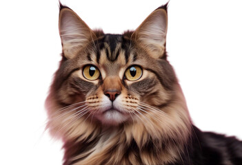 Portrait of a curios long haired black and tan tabby cat with bright yellow eyes looking at viewer isolated on transparent background
