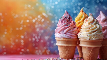 Three Ice Cream Cones With Sprinkles on a Table