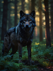 Fototapeta premium A wolf in the forest among the trees and bushes