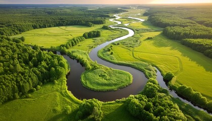Serpentine river through lush green landscape