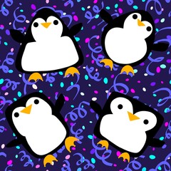 Cartoon festive animals seamless birthday decor and penguin pattern for wrapping paper and fabrics