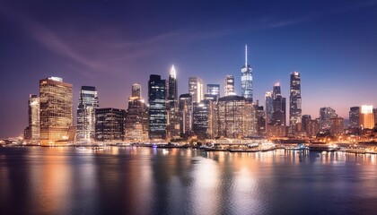 Fototapeta premium Twilight panorama of urban skyline by waterfront