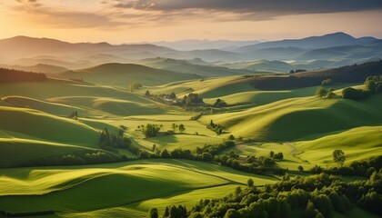 Golden hour over rolling hills landscape