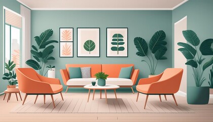 Modern living room interior with tropical decor