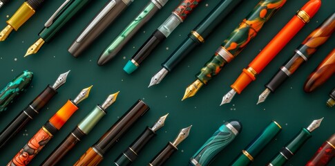 Obraz premium Photo of a fountain pen collection on a dark green background, shown from a top view, in a pattern. The pens are arranged in the style of different artists.