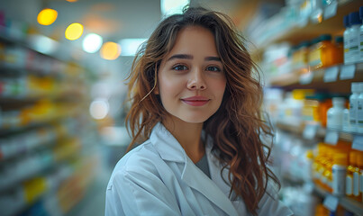 Obraz premium Portrait of confident female pharmacist in drugstore looking at camera.