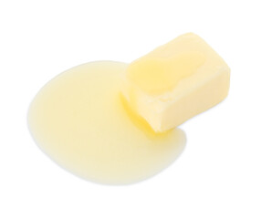 Piece of melting butter isolated on white, above view