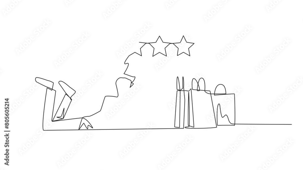 Poster animated self drawing of continuous one line drawing young smiling man on stomach while typing on la