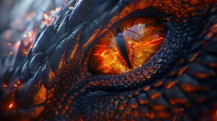 fantasy creature illustration, cartoon illustration of a large black dragon with an orange eye as the focal point, captured in a close-up macro shot
