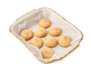 Tasty sweet sugar cookies in baking dish isolated on white