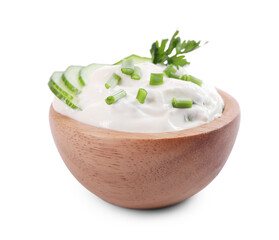 Delicious yogurt with green onion, cucumbers and parsley in bowl isolated on white