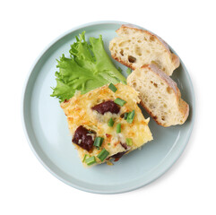 Tasty sausage casserole with green onion and bread isolated on white, top view