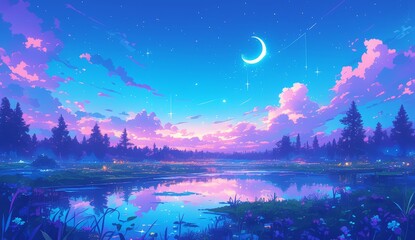 A breathtaking digital art piece showcasing an enchanting night sky with a crescent moon, stars, and fluffy pink clouds in the background.