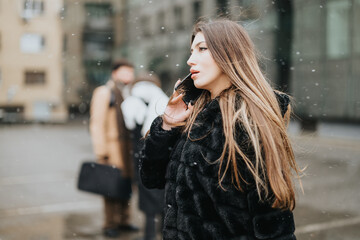 Fototapeta premium Young business colleagues walking in snow, urban winter scene.