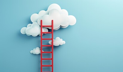 Red ladder climbing up into the clouds, in the paper cutout style, with a simple and minimalistic design, on a blue background with white cloud shapes.