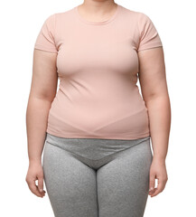 Overweight woman on white background, closeup view