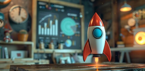 Rocket ship toy with data charts and graphs in the background, symbolizing an early stage startup or business idea concept.