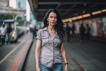 Fototapeta premium A woman is walking on a sidewalk near a train station