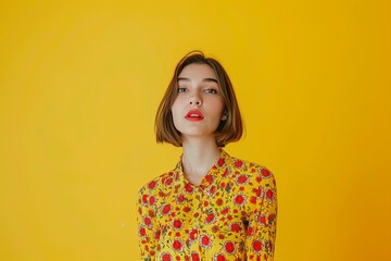 A woman in a yellow floral dress is standing in front of a yellow wall
