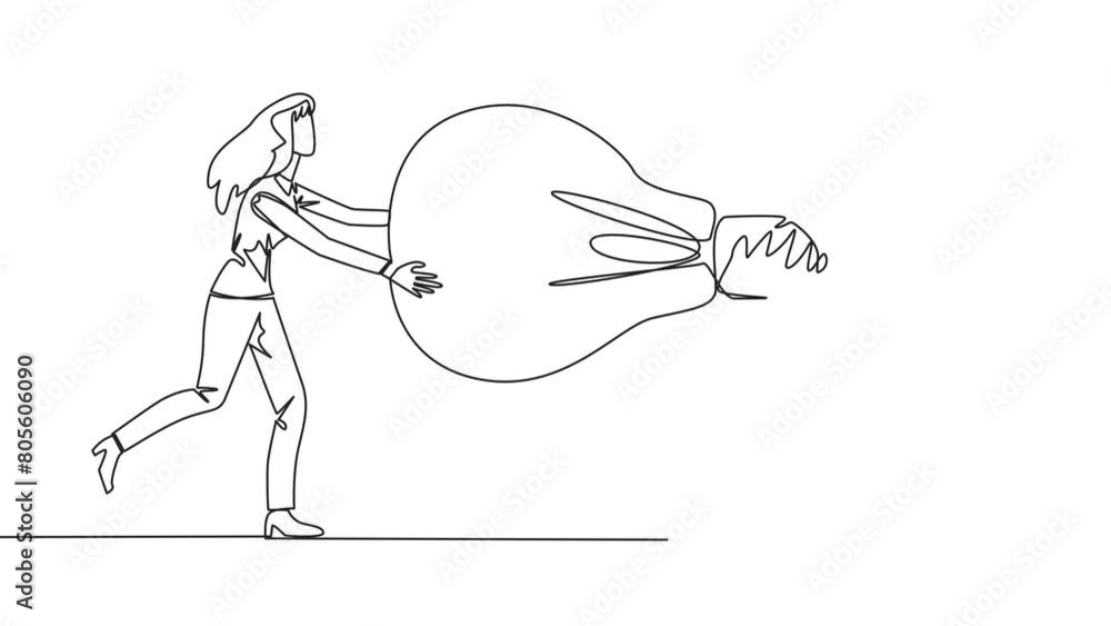 Poster animation of continuous line drawing two businesswoman fighting over lightbulb. both of them differe
