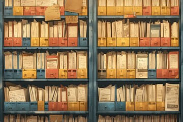 A closeup of colorful file cabinets arranged on shelves, each holding various documents and papers, symbolizing the wide range of information within an ID card's history section. 