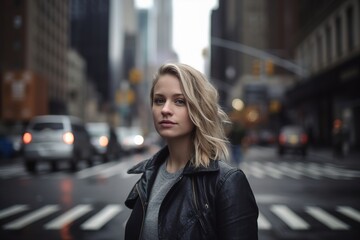 Fototapeta premium A woman in a black jacket stands on a city street