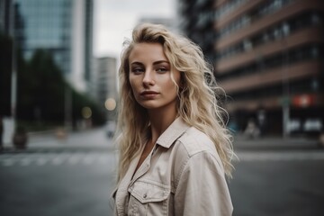 Obraz premium A blonde woman stands on a city street in a tan jacket