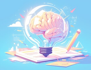 A colorful cartoon illustration of an isolated brain inside a bulb