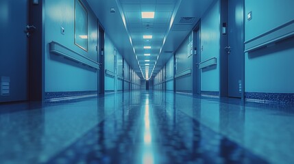 Long Hallway With Blue Walls and Paintings