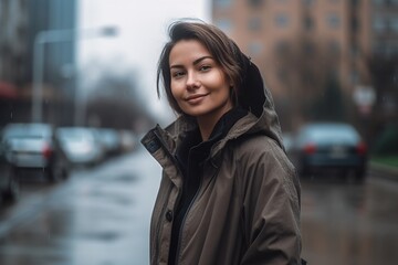 Obraz premium A woman is standing on a wet street wearing a black coat and smiling