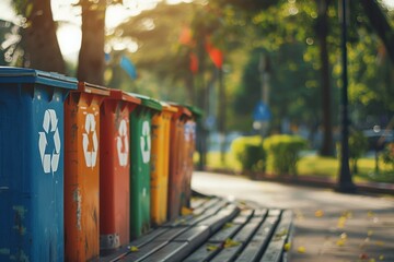 Row of colorful trash cans with recycling symbols on them, near a park in an urban area, in the morning light with a blurred background, shot from a low angle.