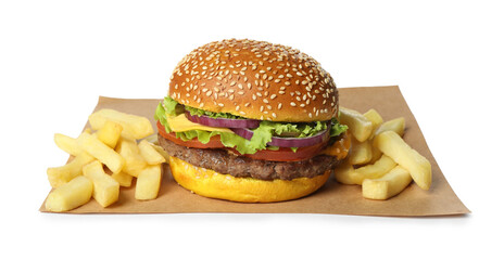 Burger with delicious patty and french fries isolated on white