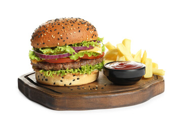Burger with delicious patty, french fries and sauce isolated on white