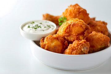 Fried chicken wings in white bowl with sour cream and parsley