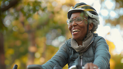 Happy active african american female cycling outdoors in a park. Candid senior lifestyle