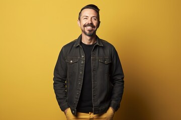 Obraz premium A man in a black jacket and yellow pants is smiling