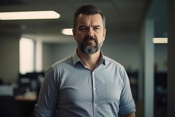 Obraz premium A man with a beard and a shirt with a pattern on it