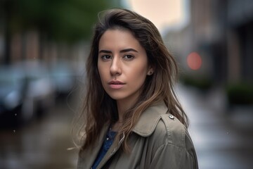 Fototapeta premium A woman with long brown hair is standing on a wet sidewalk